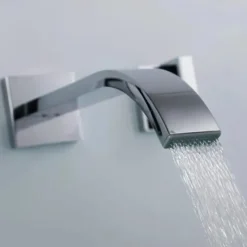 Wall Mounted Bathroom Sink Mixer Faucet Waterfall, Widespread Basin Taps Vintage Brass 2 Handles 3 Holes Washroom Wash Baxin Tap with Cold Hot Water Hose