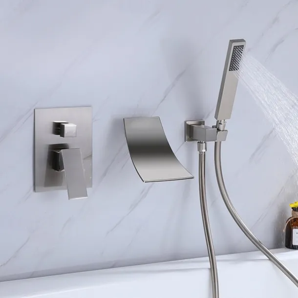 Wall Mounted Bathtub Faucet with Hand Shower, Modern Wall Installation with Ceramic Valve, Bathtub Filling Shower Mixer Faucets, Single Handle Cascading Faucet