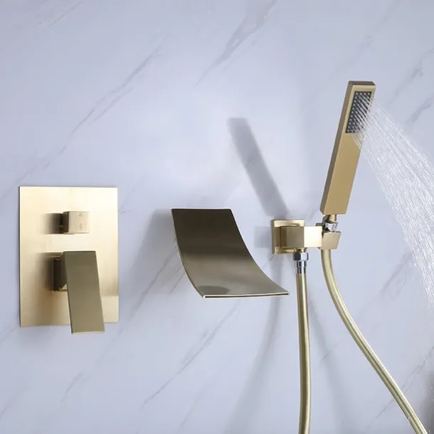 Wall Mounted Bathtub Faucet with Hand Shower, Modern Wall Installation with Ceramic Valve, Bathtub Filling Shower Mixer Faucets, Single Handle Cascading Faucet