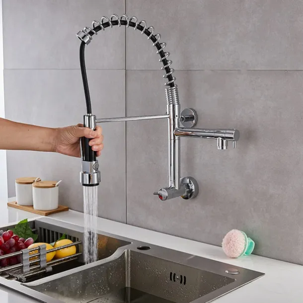 Wall Mounted Kitchen Sink Faucet Only Cold Water Pull Down Sprayer, 360 Swivel Pull Out Kitchen Taps 2 Sprayer Mode Vessel Water Tap Gold Black Chrome