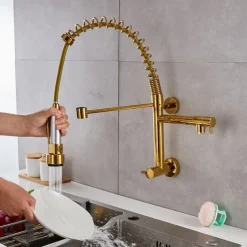 Wall Mounted Kitchen Sink Faucet Only Cold Water Pull Down Sprayer, 360 Swivel Pull Out Kitchen Taps 2 Sprayer Mode Vessel Water Tap Gold Black Chrome