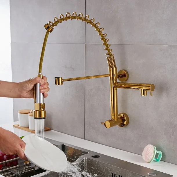 Wall Mounted Kitchen Sink Faucet Only Cold Water Pull Down Sprayer, 360 Swivel Pull Out Kitchen Taps 2 Sprayer Mode Vessel Water Tap Gold Black Chrome