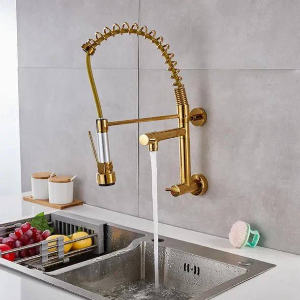 Wall Mounted Kitchen Sink Faucet Only Cold Water Pull Down Sprayer, 360 Swivel Pull Out Kitchen Taps 2 Sprayer Mode Vessel Water Tap Gold Black Chrome