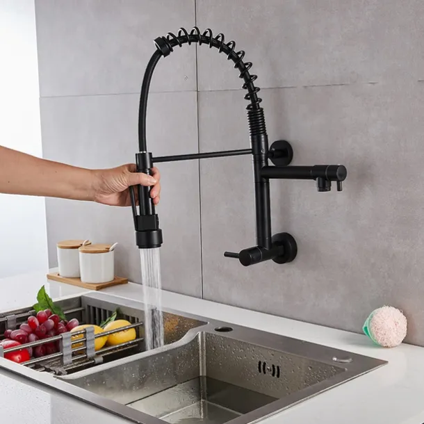 Wall Mounted Kitchen Sink Faucet Only Cold Water Pull Down Sprayer, 360 Swivel Pull Out Kitchen Taps 2 Sprayer Mode Vessel Water Tap Gold Black Chrome