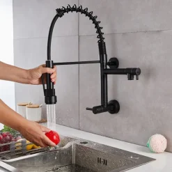 Wall Mounted Kitchen Sink Faucet Only Cold Water Pull Down Sprayer, 360 Swivel Pull Out Kitchen Taps 2 Sprayer Mode Vessel Water Tap Gold Black Chrome