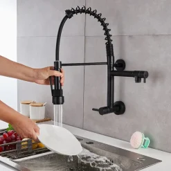 Wall Mounted Kitchen Sink Faucet Only Cold Water Pull Down Sprayer, 360 Swivel Pull Out Kitchen Taps 2 Sprayer Mode Vessel Water Tap Gold Black Chrome