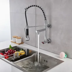 Wall Mounted Kitchen Sink Faucet Only Cold Water Pull Down Sprayer, 360 Swivel Pull Out Kitchen Taps 2 Sprayer Mode Vessel Water Tap Gold Black Chrome