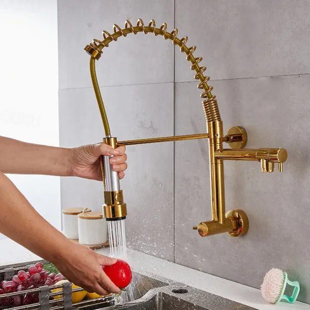 Wall Mounted Kitchen Sink Faucet Only Cold Water Pull Down Sprayer, 360 Swivel Pull Out Kitchen Taps 2 Sprayer Mode Vessel Water Tap Gold Black Chrome