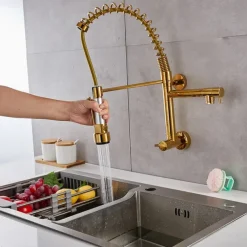 Wall Mounted Kitchen Sink Faucet Only Cold Water Pull Down Sprayer, 360 Swivel Pull Out Kitchen Taps 2 Sprayer Mode Vessel Water Tap Gold Black Chrome