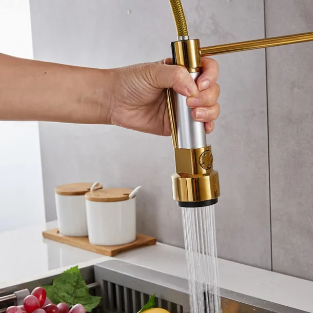 Wall Mounted Kitchen Sink Faucet Only Cold Water Pull Down Sprayer, 360 Swivel Pull Out Kitchen Taps 2 Sprayer Mode Vessel Water Tap Gold Black Chrome