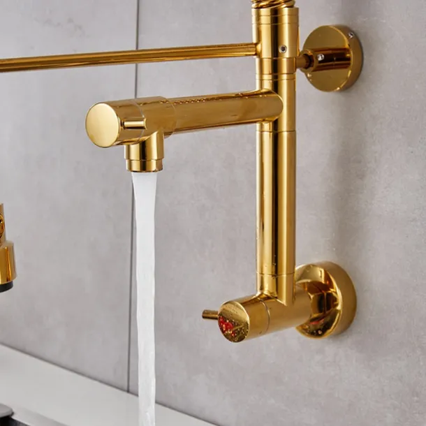 Wall Mounted Kitchen Sink Faucet Only Cold Water Pull Down Sprayer, 360 Swivel Pull Out Kitchen Taps 2 Sprayer Mode Vessel Water Tap Gold Black Chrome