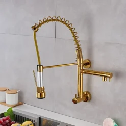 Wall Mounted Kitchen Sink Faucet Only Cold Water Pull Down Sprayer, 360 Swivel Pull Out Kitchen Taps 2 Sprayer Mode Vessel Water Tap Gold Black Chrome