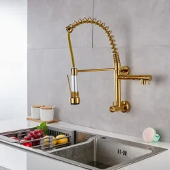 Wall Mounted Kitchen Sink Faucet Only Cold Water Pull Down Sprayer, 360 Swivel Pull Out Kitchen Taps 2 Sprayer Mode Vessel Water Tap Gold Black Chrome
