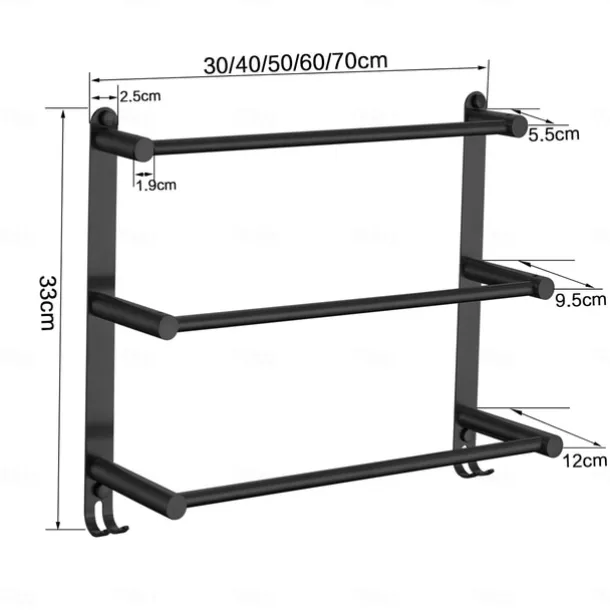 Wall Mounted Towel Rack with Hooks,Stainless Steel 3-TierTowel Bar Storage Shelf for Bathroom 30cm~70cm Towel Holder Towel Rail Towel Hanger