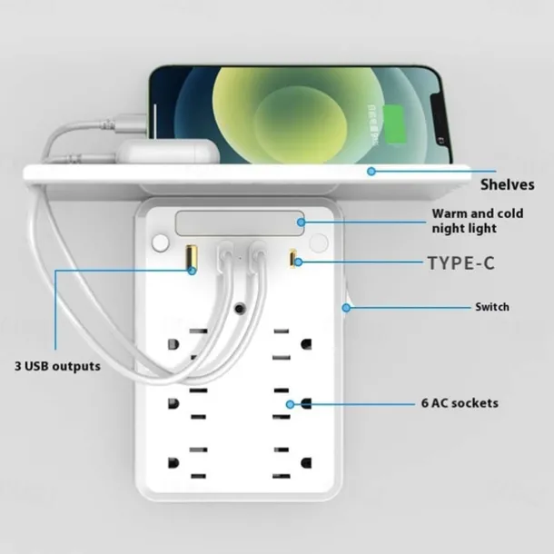 Wall Outlet Extender with Shelf Night, 9 in 1 Outlet Extender with Shelf, Multi Plug Outlets Extenders, Wall Electrical Outlets Extenders, Plug Expander for Home Dorm