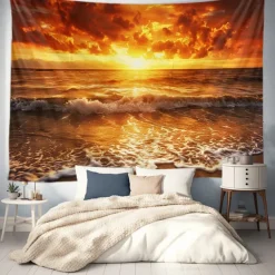 Wall Tapestry Art Decor Blanket Curtain Picnic Tablecloth Hanging Home Bedroom Living Room Dorm Decoration Landscape Beach Sea Ocean Wave Sunrise Sunset Rosy Cloud