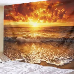 Wall Tapestry Art Decor Blanket Curtain Picnic Tablecloth Hanging Home Bedroom Living Room Dorm Decoration Landscape Beach Sea Ocean Wave Sunrise Sunset Rosy Cloud
