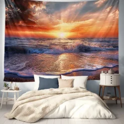 Wall Tapestry Art Decor Blanket Curtain Picnic Tablecloth Hanging Home Bedroom Living Room Dorm Decoration Landscape Beach Sea Ocean Wave Sunrise Sunset Rosy Cloud
