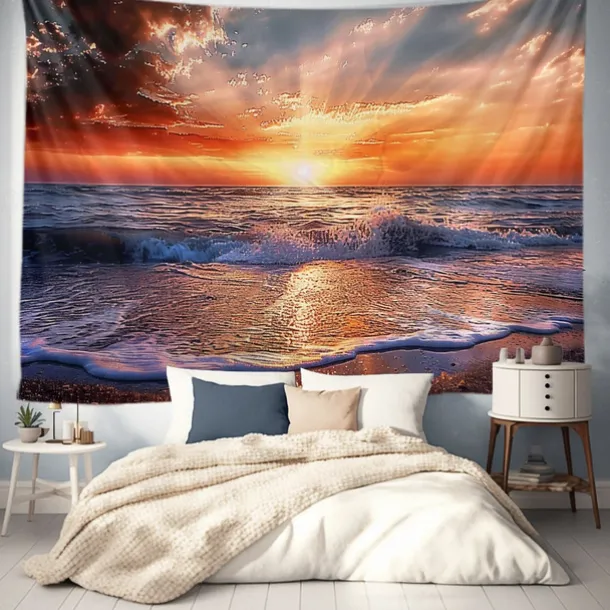 Wall Tapestry Art Decor Blanket Curtain Picnic Tablecloth Hanging Home Bedroom Living Room Dorm Decoration Landscape Beach Sea Ocean Wave Sunrise Sunset Rosy Cloud