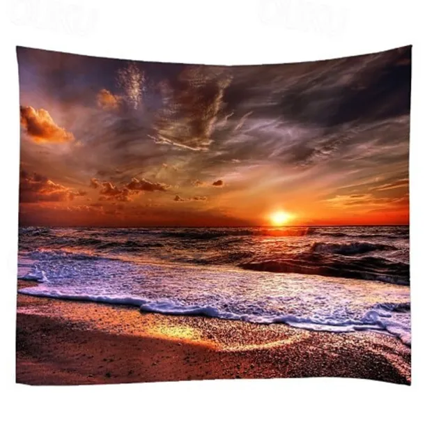 Wall Tapestry Art Decor Blanket Curtain Picnic Tablecloth Hanging Home Bedroom Living Room Dorm Decoration Landscape Beach Sea Ocean Wave Sunrise Sunset Rosy Cloud