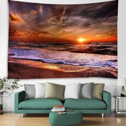 Wall Tapestry Art Decor Blanket Curtain Picnic Tablecloth Hanging Home Bedroom Living Room Dorm Decoration Landscape Beach Sea Ocean Wave Sunrise Sunset Rosy Cloud