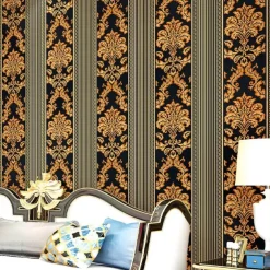 Wallpaper Wall Covering Sticker Film Modern European Stripes Flower Golden Non Woven Home Decor 53*950cm