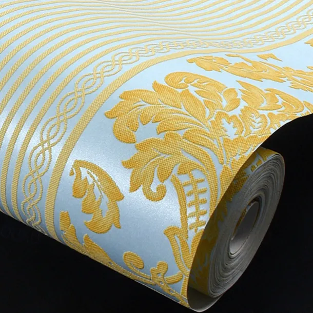 Wallpaper Wall Covering Sticker Film Modern European Stripes Flower Golden Non Woven Home Decor 53*950cm