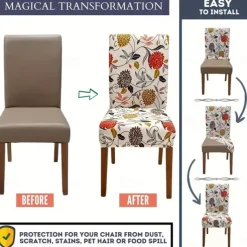 Water Resistant Stretch Spandex Dining Chair Cover 1/4/6 Pcs Set, Floral Pattern Stretch Chair Protector Cover Seat Slipcover with Elastic Band
