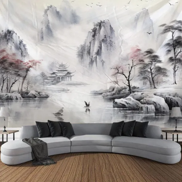 Watercolor Landscape Hanging Tapestry Chinese Style Wall Art Large Tapestry Mural Decor Photograph Backdrop Blanket Curtain Home Bedroom Living Room Decoration