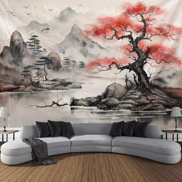 Watercolor Landscape Hanging Tapestry Chinese Style Wall Art Large Tapestry Mural Decor Photograph Backdrop Blanket Curtain Home Bedroom Living Room Decoration