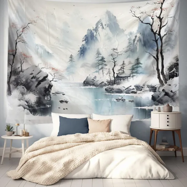 Watercolor Landscape Hanging Tapestry Chinese Style Wall Art Large Tapestry Mural Decor Photograph Backdrop Blanket Curtain Home Bedroom Living Room Decoration