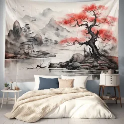 Watercolor Landscape Hanging Tapestry Chinese Style Wall Art Large Tapestry Mural Decor Photograph Backdrop Blanket Curtain Home Bedroom Living Room Decoration