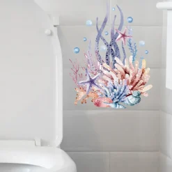 Watercolor Toilet Decals: Coral, Starfish, Seagrass, Jellyfish, Conch - Removable Bathroom Household Wall Stickers, Ideal for Adding a Beachy Vibe to Your Space