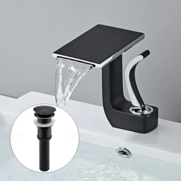 Waterfall Basin Sink Mixer Faucet, Brass Bathroom Taps Single Handle One Hole with Hot and Cold Hose Vessel Water Tap Deck Mounted