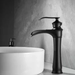 Waterfall Basin Sink Mixer Faucet Black, Tall Bathroom Taps Single Handle One Hole with Hot and Cold Hose Vessel Water Tap Deck Mounted