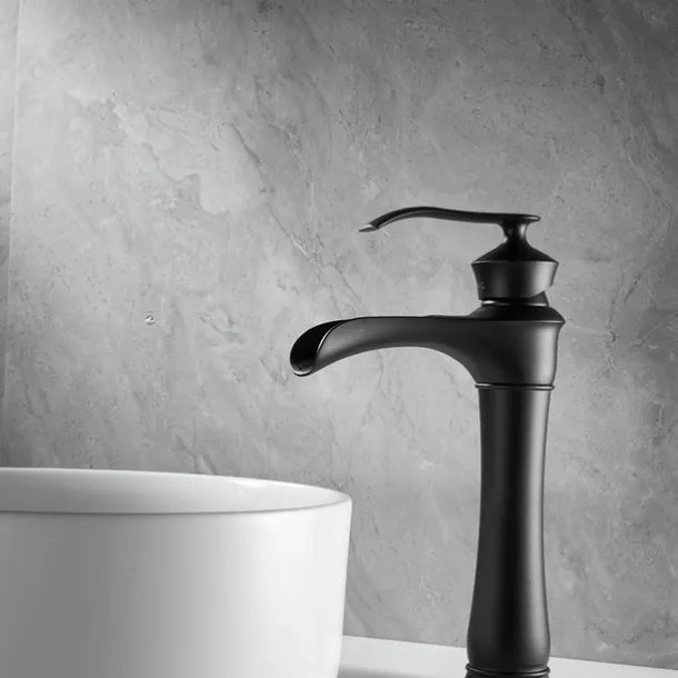 Waterfall Basin Sink Mixer Faucet Black, Tall Bathroom Taps Single Handle One Hole with Hot and Cold Hose Vessel Water Tap Deck Mounted