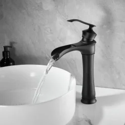 Waterfall Basin Sink Mixer Faucet Black, Tall Bathroom Taps Single Handle One Hole with Hot and Cold Hose Vessel Water Tap Deck Mounted