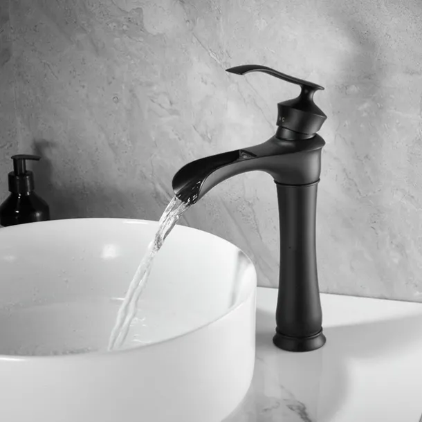 Waterfall Basin Sink Mixer Faucet Black, Tall Bathroom Taps Single Handle One Hole with Hot and Cold Hose Vessel Water Tap Deck Mounted