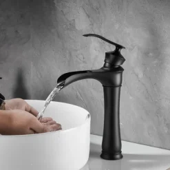 Waterfall Basin Sink Mixer Faucet Black, Tall Bathroom Taps Single Handle One Hole with Hot and Cold Hose Vessel Water Tap Deck Mounted