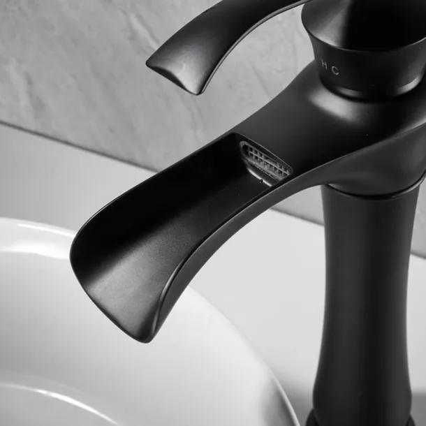 Waterfall Basin Sink Mixer Faucet Black, Tall Bathroom Taps Single Handle One Hole with Hot and Cold Hose Vessel Water Tap Deck Mounted