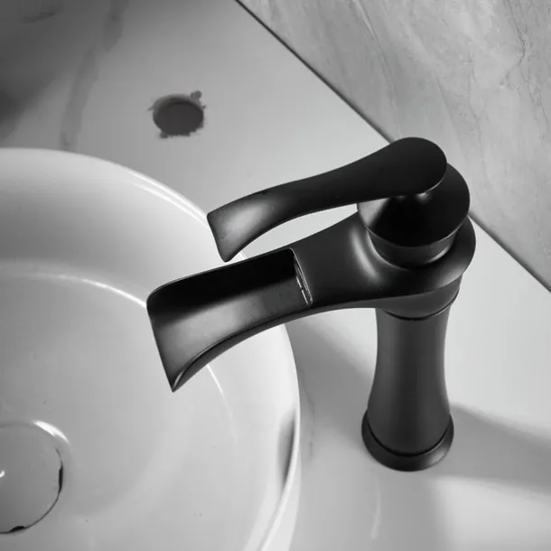 Waterfall Basin Sink Mixer Faucet Black, Tall Bathroom Taps Single Handle One Hole with Hot and Cold Hose Vessel Water Tap Deck Mounted