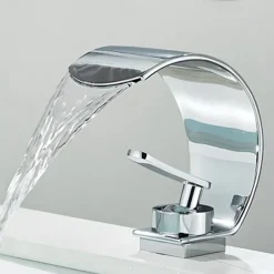 Waterfall Bathroom Faucet Sink Mixer Basin Taps, Arc Spout Single Handle Washroom Faucet Deck Mounted with Cold and Hot Hose Black Chrome White