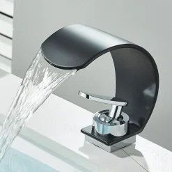 Waterfall Bathroom Faucet Sink Mixer Basin Taps, Arc Spout Single Handle Washroom Faucet Deck Mounted with Cold and Hot Hose Black Chrome White