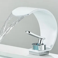 Waterfall Bathroom Faucet Sink Mixer Basin Taps, Arc Spout Single Handle Washroom Faucet Deck Mounted with Cold and Hot Hose Black Chrome White