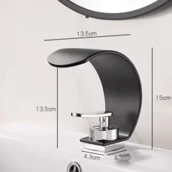 Waterfall Bathroom Faucet Sink Mixer Basin Taps, Arc Spout Single Handle Washroom Faucet Deck Mounted with Cold and Hot Hose Black Chrome White