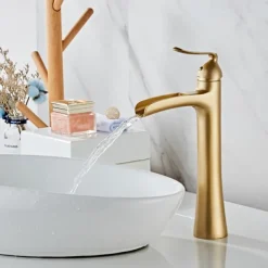 Waterfall Bathroom Faucet, Rustic Nickel Single Handle One Hole Brass Waterfall Bathroom Sink Faucet with Hot and Cold Water