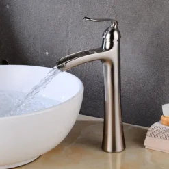 Waterfall Bathroom Faucet, Rustic Nickel Single Handle One Hole Brass Waterfall Bathroom Sink Faucet with Hot and Cold Water