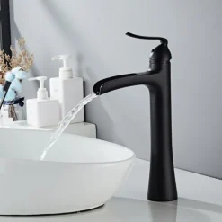 Waterfall Bathroom Faucet, Rustic Nickel Single Handle One Hole Brass Waterfall Bathroom Sink Faucet with Hot and Cold Water