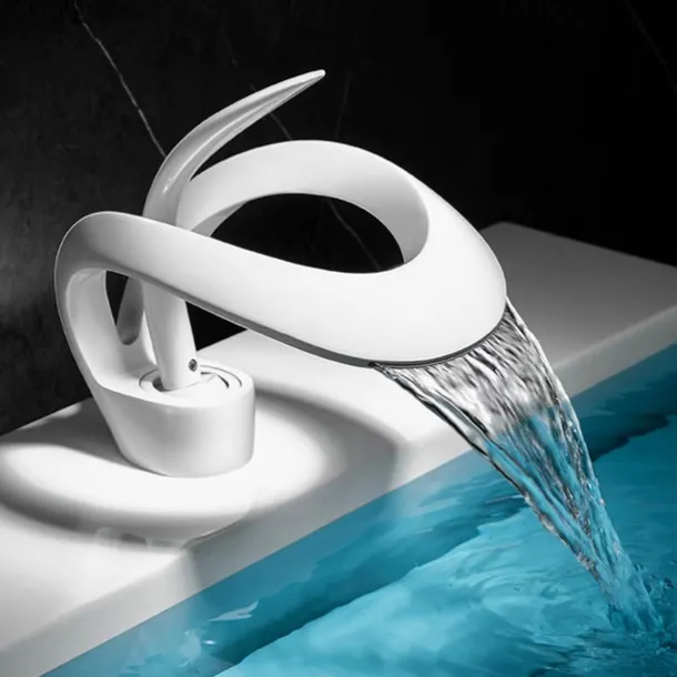 Waterfall Bathroom Sink Faucet, Centerset Curved Single Handle One Hole Bath Taps with Hot and Cold Water Switch, Ceramic Valve Insides