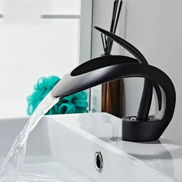 Waterfall Bathroom Sink Faucet, Centerset Curved Single Handle One Hole Bath Taps with Hot and Cold Water Switch, Ceramic Valve Insides